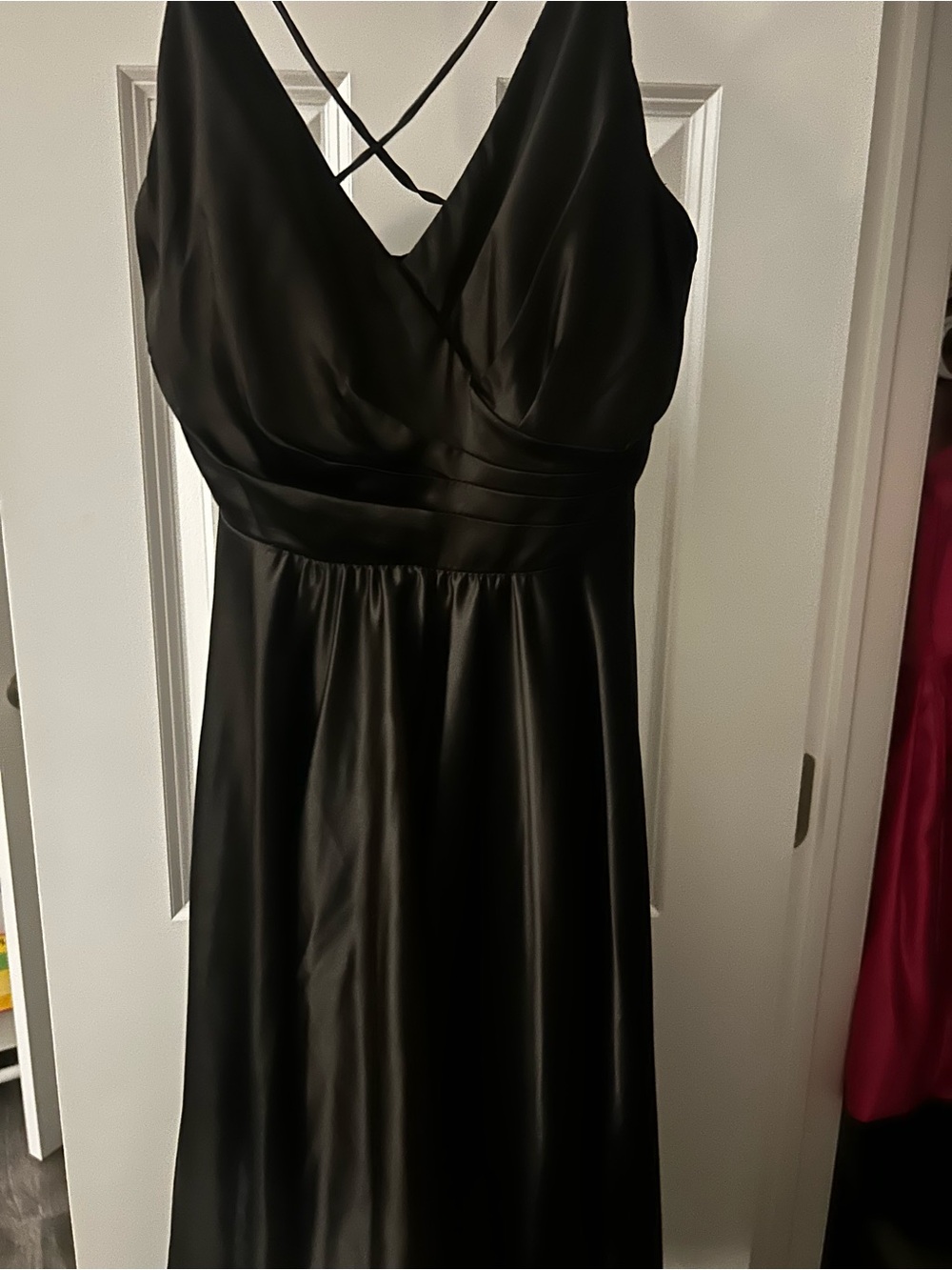 Women’s Black Satin V-Neck Slip Dress with Crisscross Back